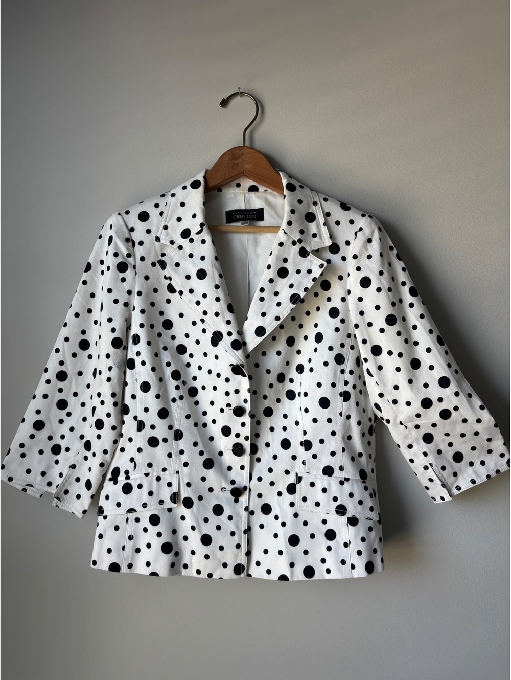 Rickie Freeman Teri Jon White Black Polka Dot Blazer 3/4 Sleeve Women's 10